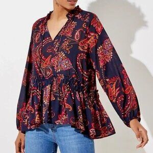 LOFT Paisley Semi-sheer Top FOREVER NAVY Relaxed Loose Fit size Medium